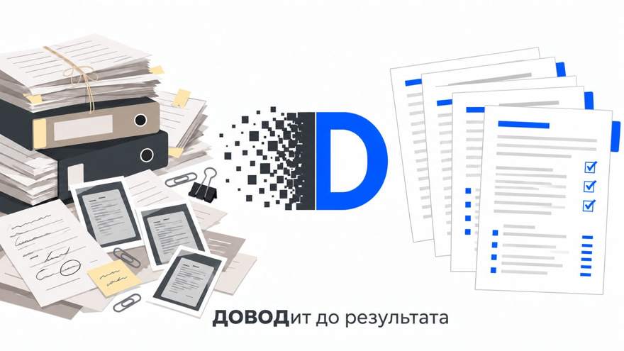 Слева: связки бумаг, папки, сканы вперемешку. Справа: аккуратные документы с отмеченными пунктами. Между ними знак Довода.